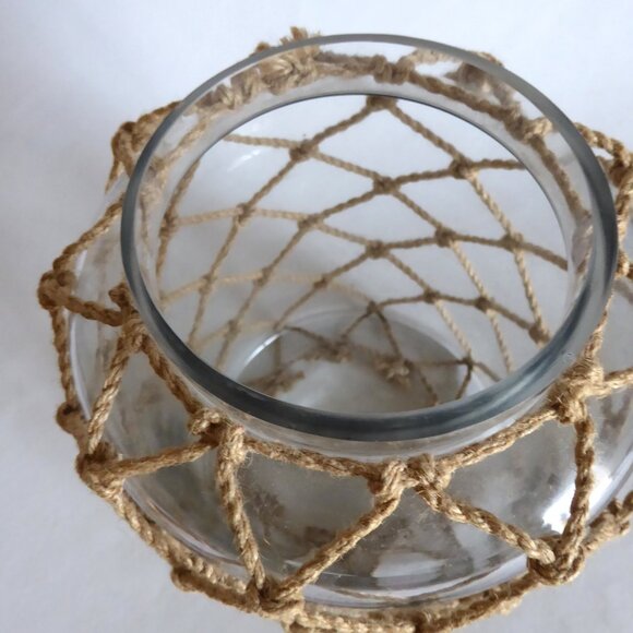 NEW 10.5” NAUTICAL NET ROPE LIDDED GLASS WOOD LIDDED DECORATIVE JAR CONTAINER - Picture 6 of 7